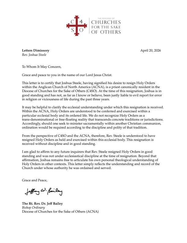 Letters Dimissory for Joshua Steele